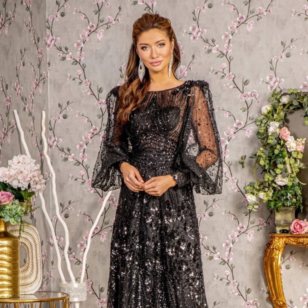 NEW LONG FORMAL A-LINE MOTHER OF BRIDE DRESS WITH LONG SHEER SLEEVES GL3497